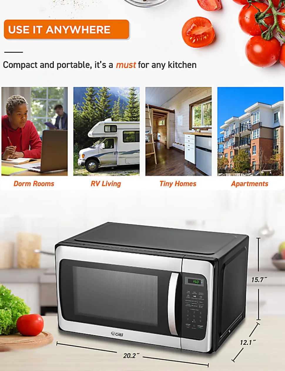 Commercial Chef 1.1 Cu. Ft. 1000W Countertop Microwave Oven, Silver/Black