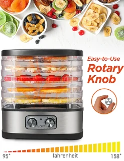 Commercial Chef Food Dehydrator With 5 Adjustable Height Trays, 9-13/16”H x 10-1/4”W x 8-5/16”D, Silver