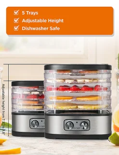 Commercial Chef Food Dehydrator With 5 Adjustable Height Trays, 9-13/16”H x 10-1/4”W x 8-5/16”D, Silver