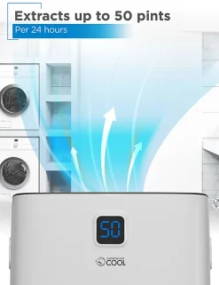 Commercial Cool Dehumidifier With Pump & Adjustable Humidistat, 50 Pint, 24-1/2”H x 15-1/2”W x 11-3/4”D