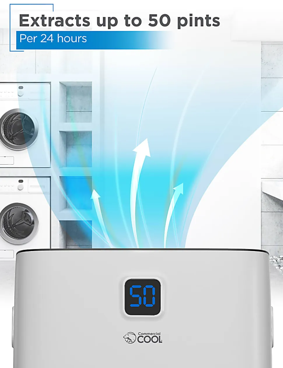 Commercial Cool Portable Dehumidifier, 50 Pint, 24-1/2”H x 15-1/2”W x 11-3/4”D