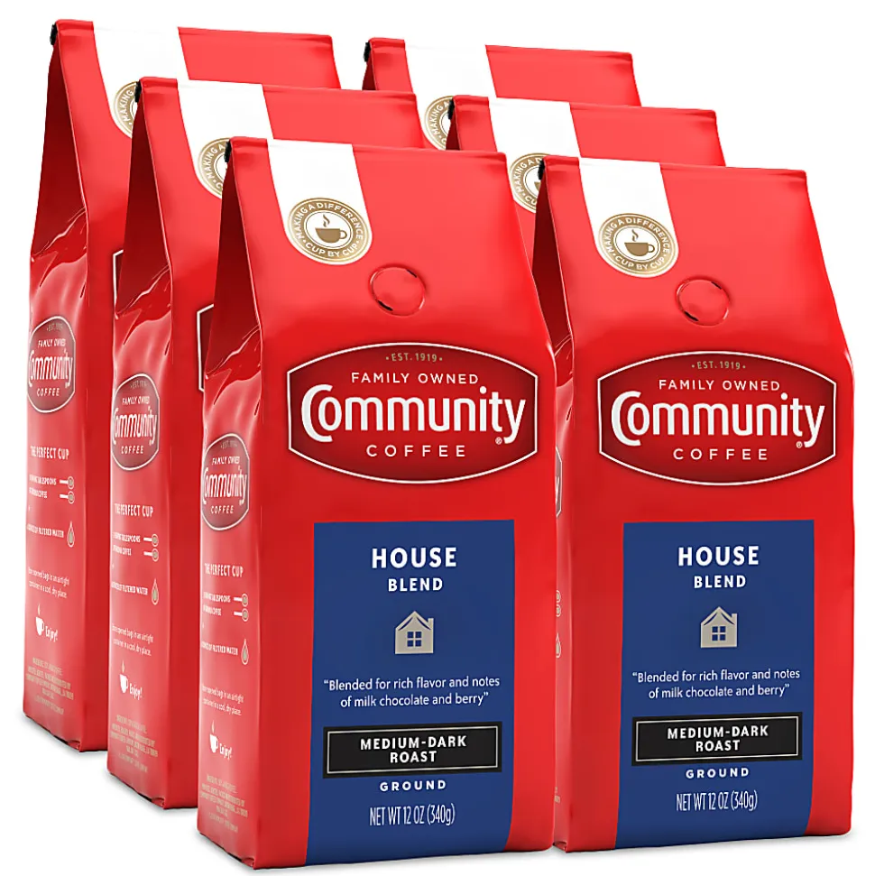 Community Coffee Arabica Ground Coffee, House Blend, 12 Oz Per Bag, Carton Of 6 Bags