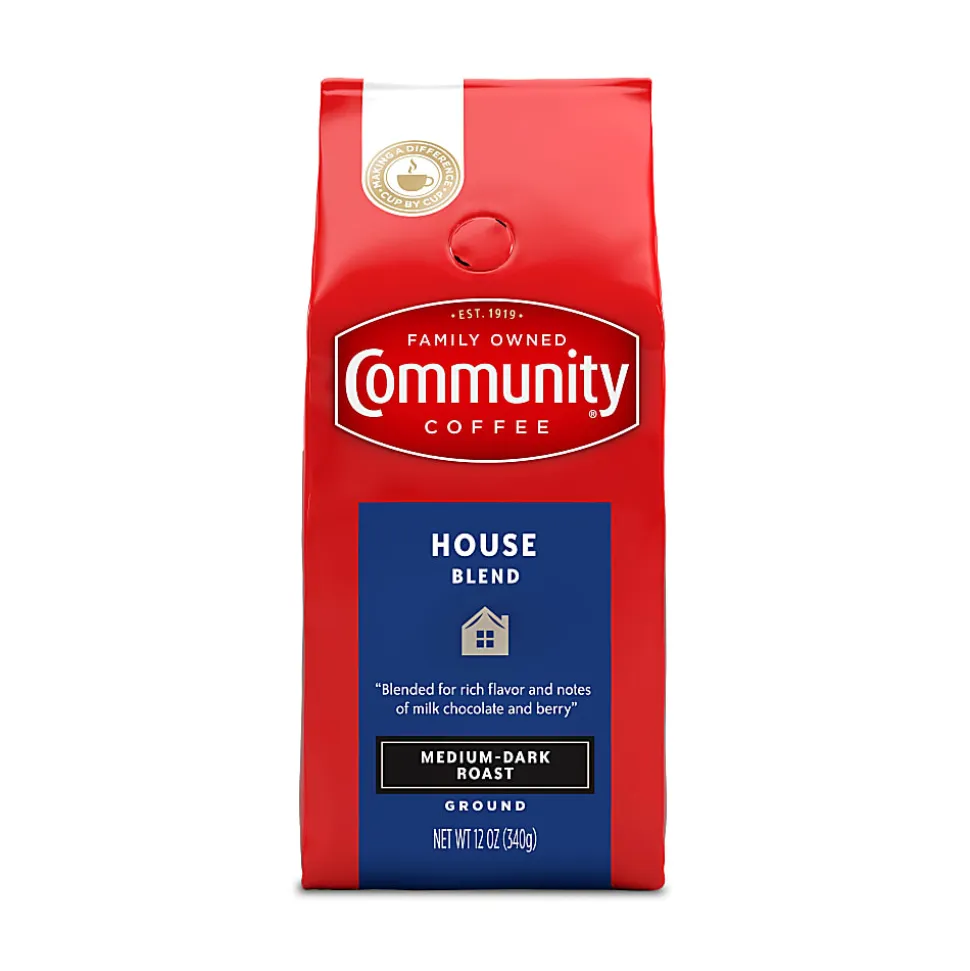 Community Coffee Arabica Ground Coffee, House Blend, 12 Oz Per Bag, Carton Of 6 Bags