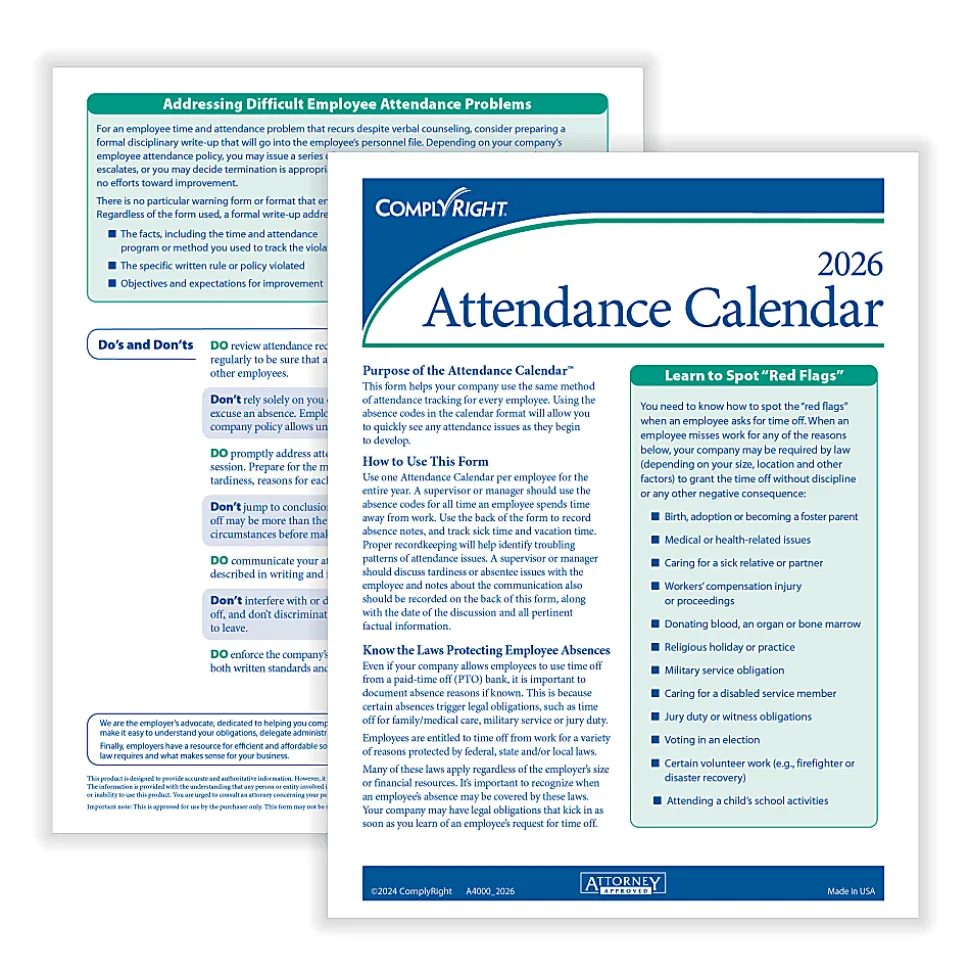 ComplyRight® 2026 Attendance Calendar Kit, 8 1/2" x 11", White, Pack Of 100
