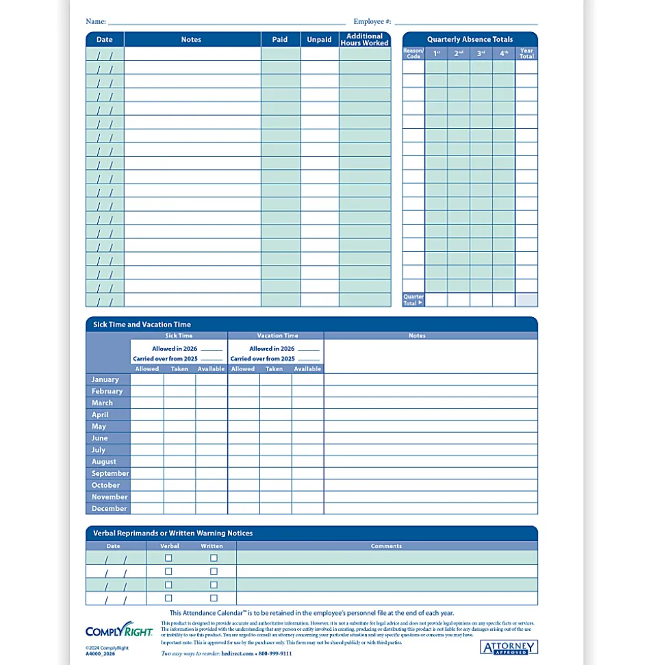 ComplyRight® 2026 Attendance Calendar Cards, 8 1/2" x 11", White, Pack Of 50