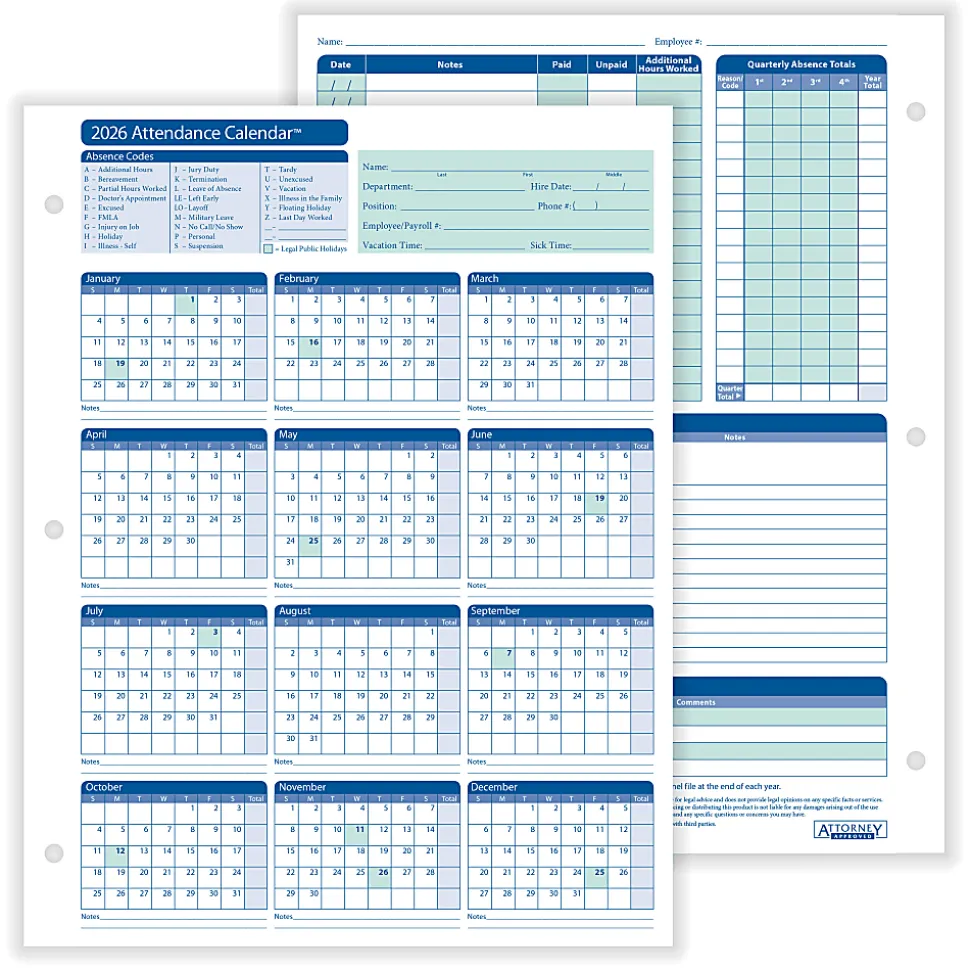 ComplyRight® 2026 Attendance Calendar Cards, 8 1/2" x 11", White, Pack Of 50