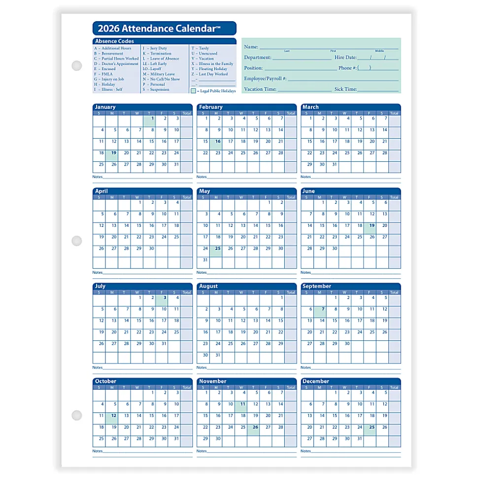 ComplyRight® 2026 Attendance Calendar Cards, 8 1/2" x 11", White, Pack Of 50