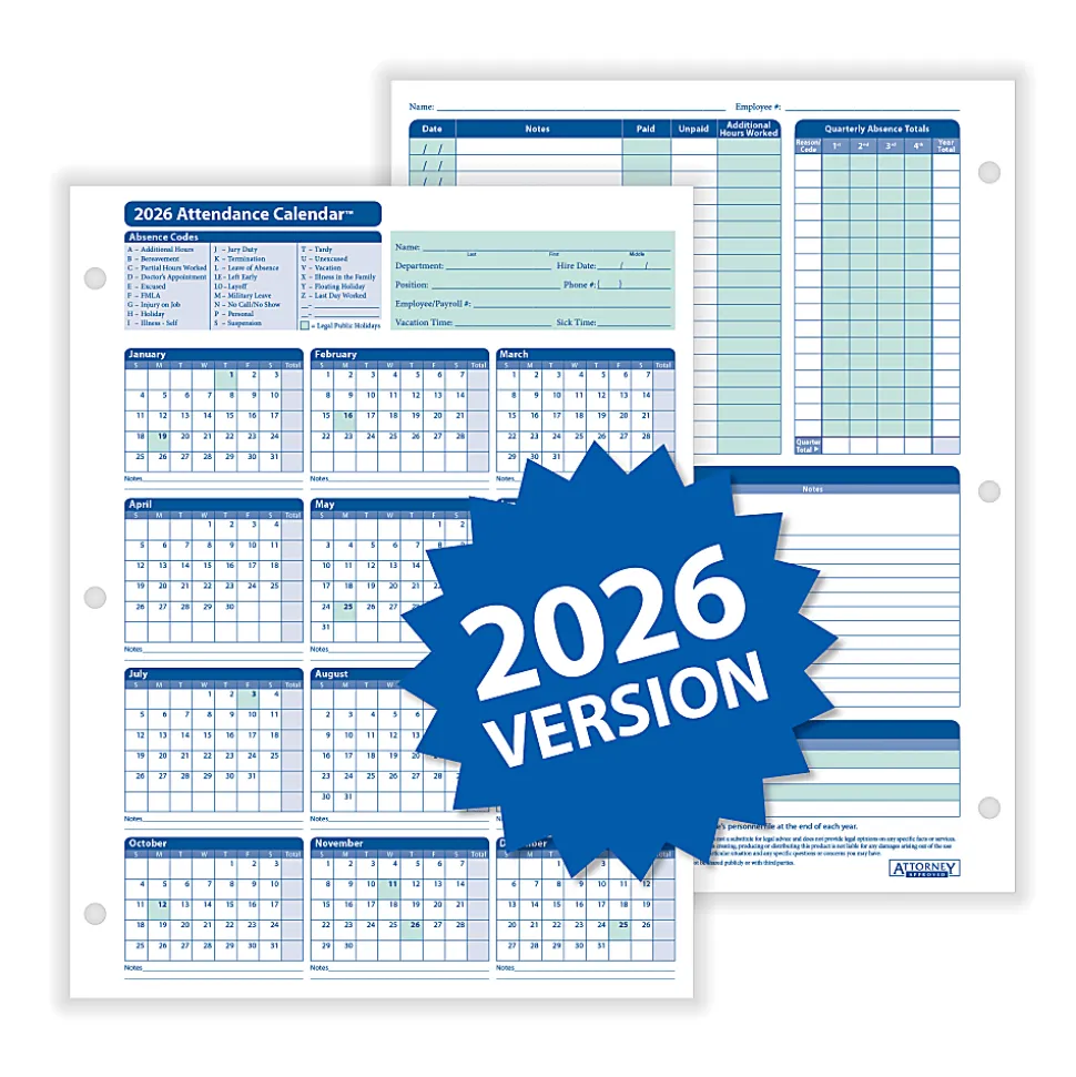 ComplyRight® 2026 Attendance Calendar Kit, 8 1/2" x 11", White, Pack Of 50