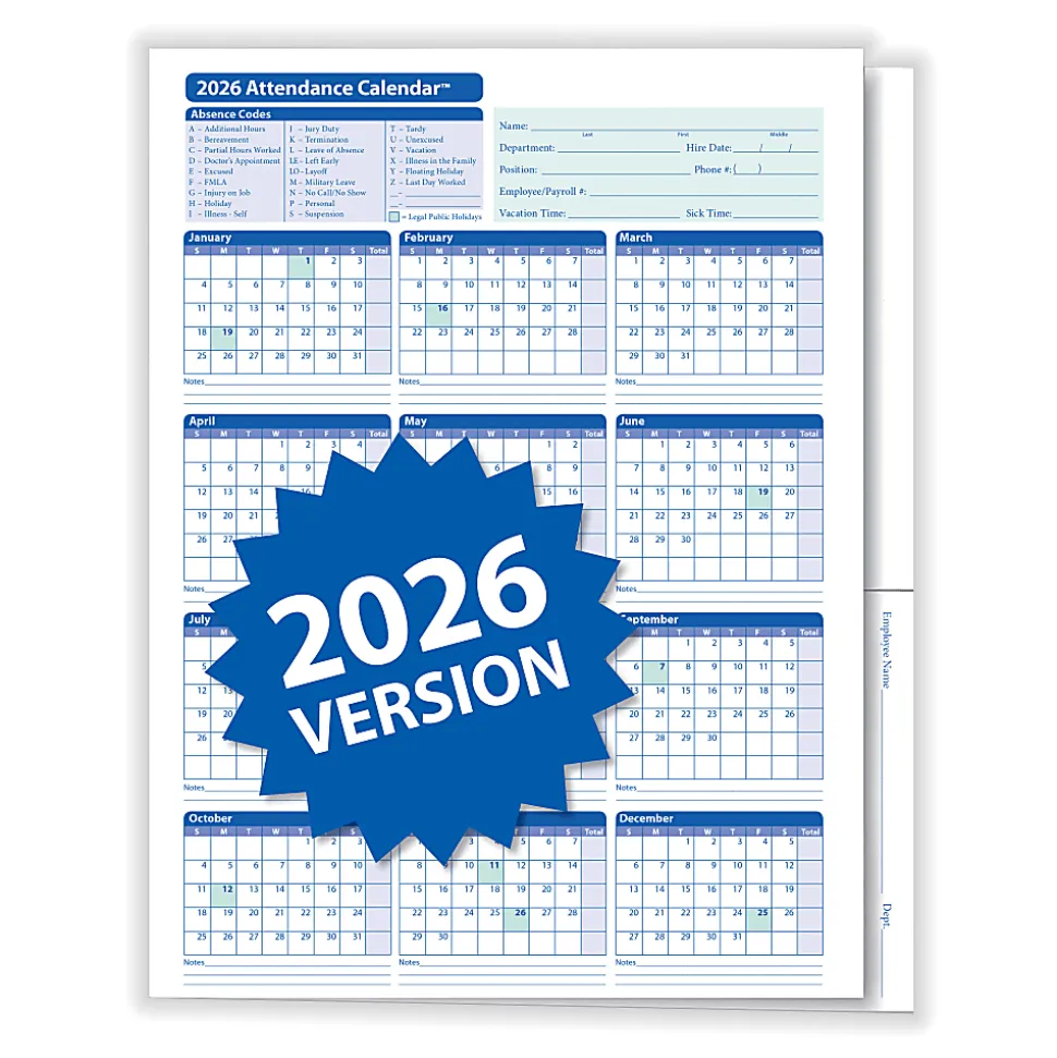 ComplyRight® 2026 Attendance Calendar Folders, 9 3/8" x 11 3/4", White, Pack Of 25