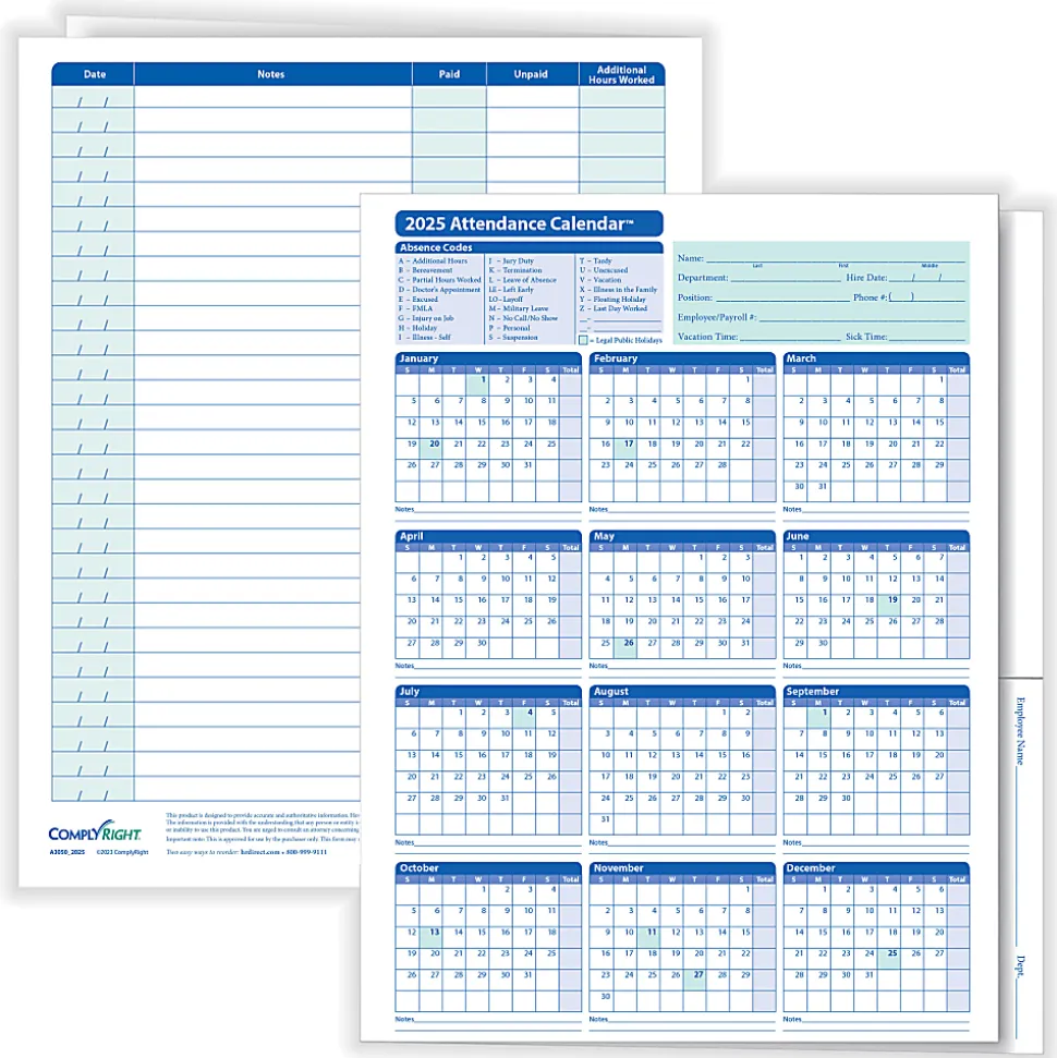 ComplyRight® 2026 Attendance Calendar Folders, 9 3/8" x 11 3/4", White, Pack Of 25
