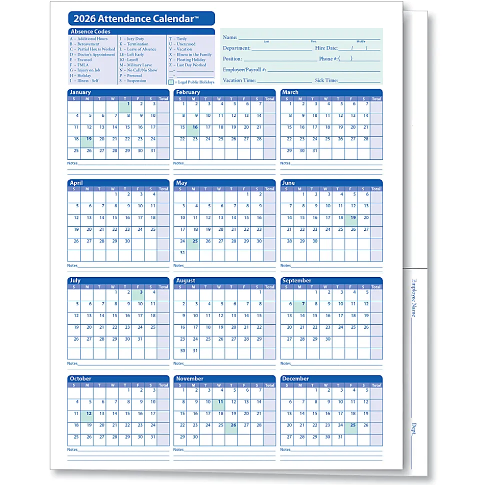 ComplyRight® 2026 Attendance Calendar Folders, 9 3/8" x 11 3/4", White, Pack Of 25