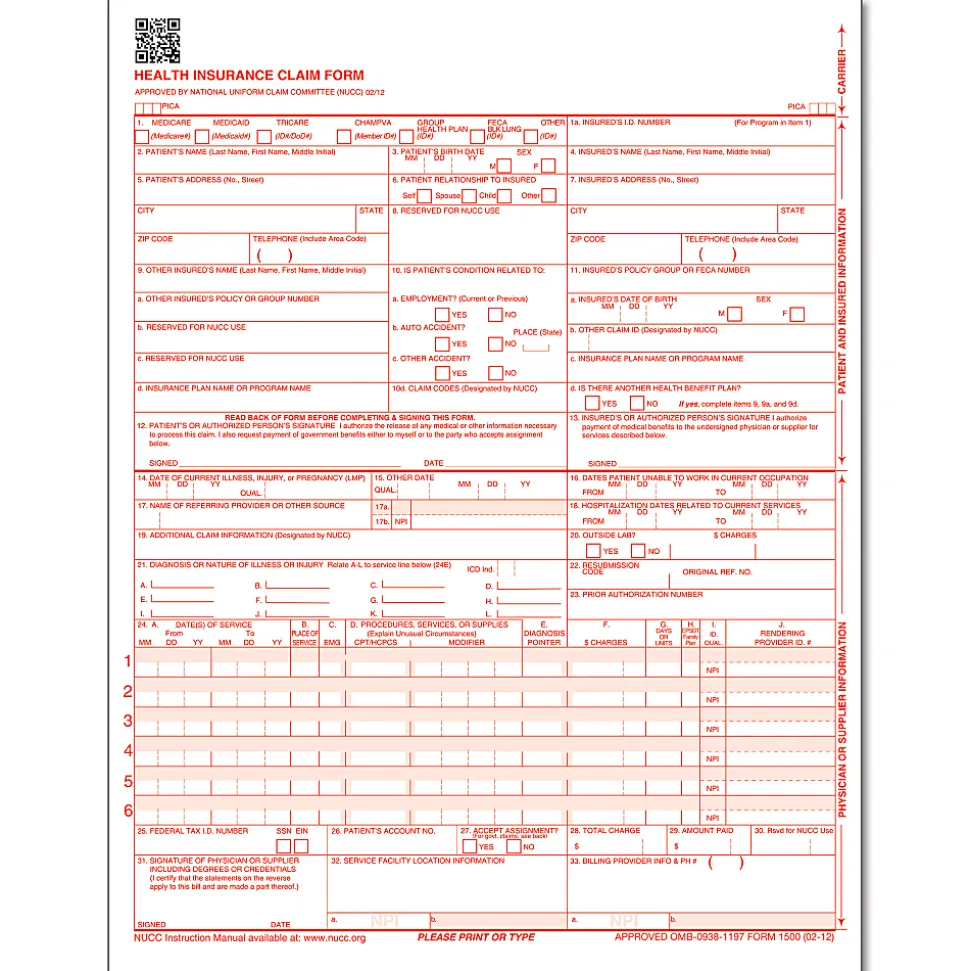 ComplyRight™ CMS-1500 Health Insurance Claim Form (02/12), Laser-Cut Sheet, 8 1/2" x 11", White, Case of 500