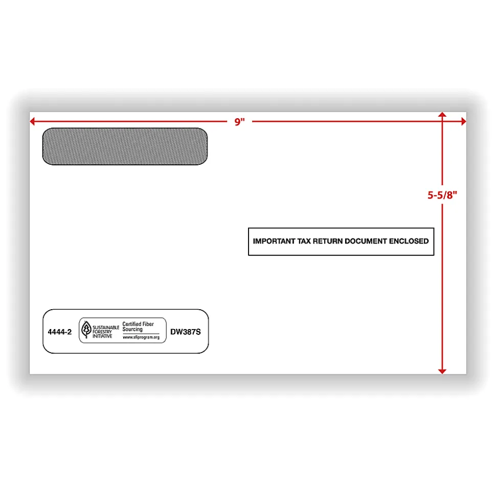 ComplyRight® Double-Window Envelopes For W-2 (5206 And 5208) Tax Forms, 5-5/8" x 9", Self-Seal, White, Pack Of 100 Envelopes
