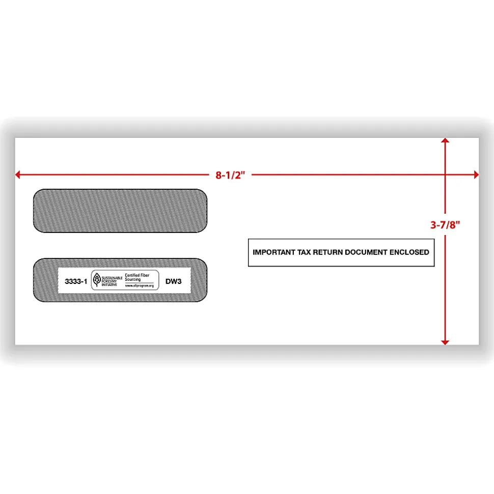 ComplyRight® Double-Window Envelopes For W-2 (5210/5211) Tax Forms, 3-7/8" x 8-1/2", Moisture-Seal, White, Pack Of 100 Envelopes