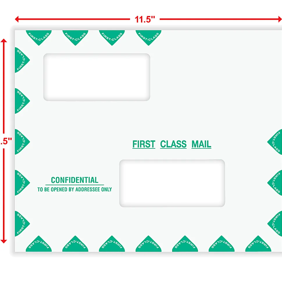 ComplyRight® First Class Double Window Tax Mailer Envelope, Offset Windows, White/Green, Self-Seal, 9-1/2" x 11-1/2", Pack of 50 - PEV22