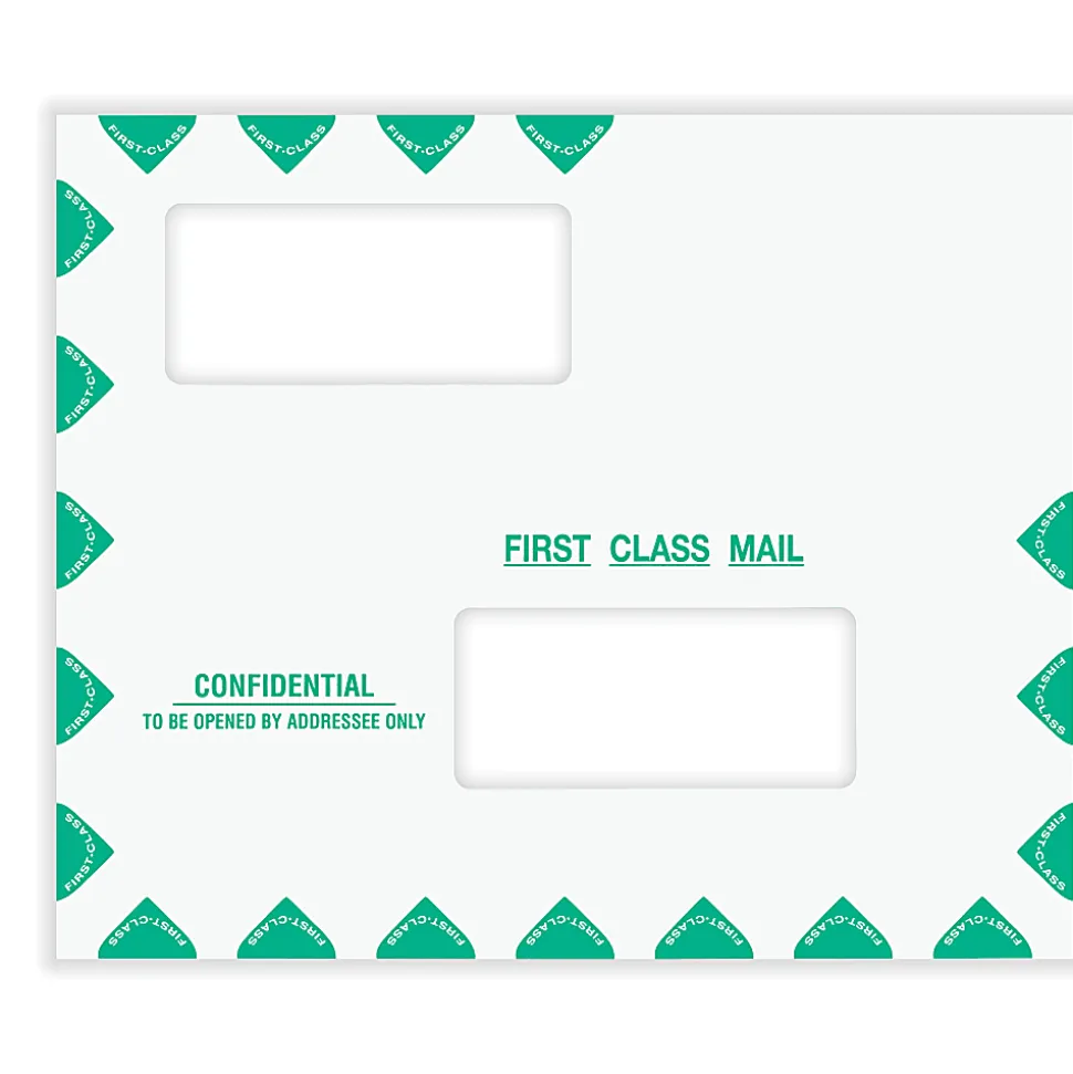 ComplyRight® First Class Double Window Tax Mailer Envelope, Offset Windows, White/Green, Self-Seal, 9-1/2" x 11-1/2", Pack of 50 - PEV22