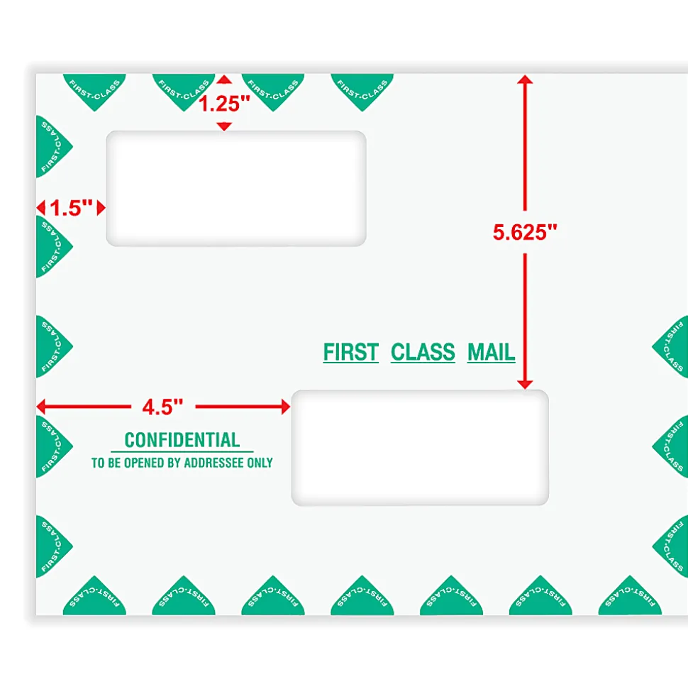 ComplyRight® First Class Double Window Tax Mailer Envelope, Offset Windows, White/Green, Self-Seal, 9-1/2" x 11-1/2", Pack of 50 - PEV22