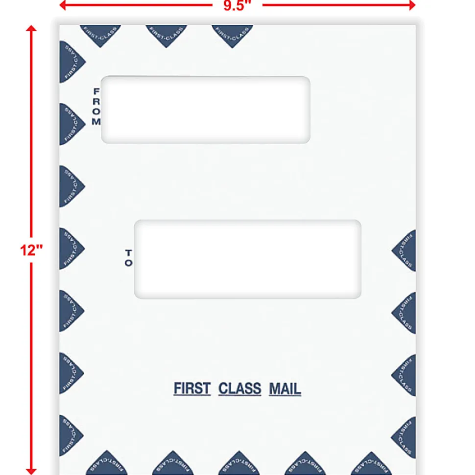 ComplyRight® First Class Double Window Tax Mailer Envelope, Offset Windows, White/Blue, Self-Seal, 9-1/2" x 12", Pack of 50