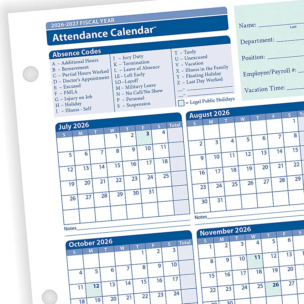 ComplyRight® 2026-2027 Fiscal Attendance Calendar, 8-1/2" x 11", Pack Of 50