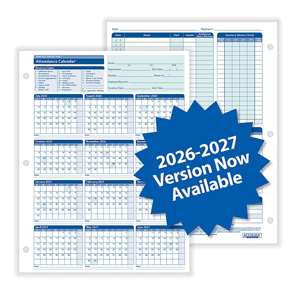 ComplyRight® 2026-2027 Fiscal Attendance Calendar, 8-1/2" x 11", Pack Of 50