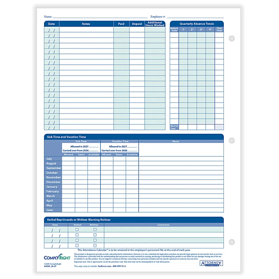 ComplyRight® 2026-2027 Fiscal Attendance Calendar, 8-1/2" x 11", Pack Of 50
