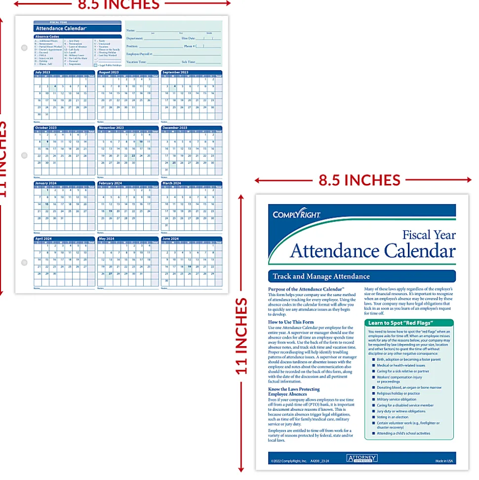 ComplyRight® 2026-2027 Fiscal Attendance Calendar, 8-1/2" x 11", Pack Of 50