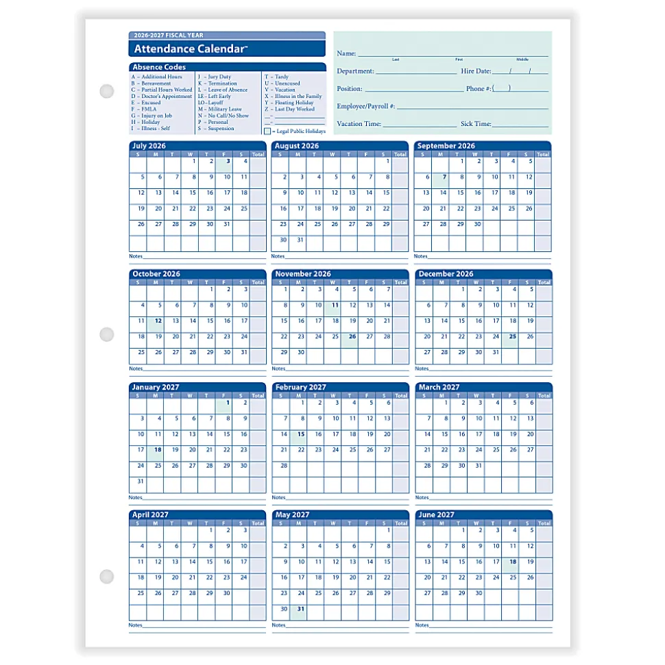 ComplyRight® 2026-2027 Fiscal Attendance Calendar, 8-1/2" x 11", Pack Of 50