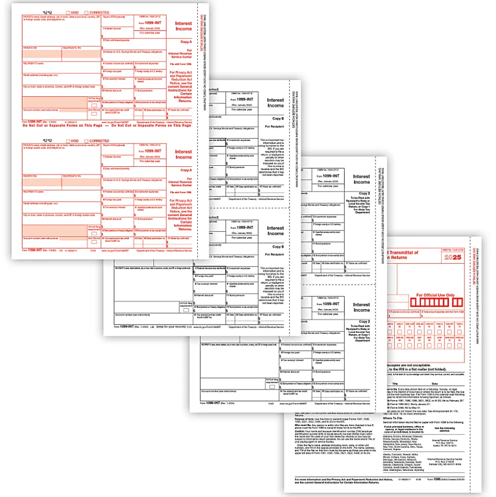 ComplyRight® 1099-INT Tax Forms Set, 4-Part, Copy A, B, State/File, State/File, 2-Up, 8-1/2" x 11", Pack Of 50 Forms