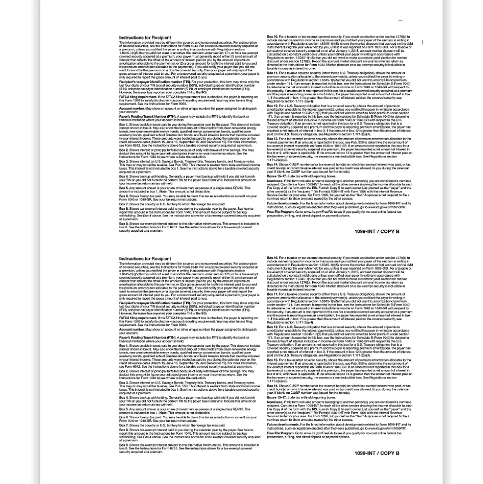 ComplyRight® 1099-INT Tax Forms, 2-Up, Recipient Copy B, 8-1/2" x 11", Pack Of 100 Forms