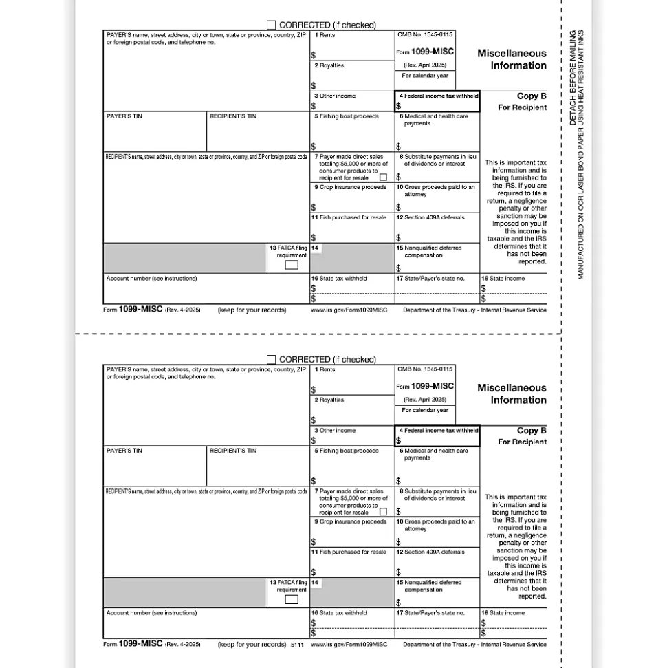 ComplyRight® 1099-MISC Tax Forms, Recipient Copy B, 2-Up, 8-1/2" x 11", Pack Of 50 Forms