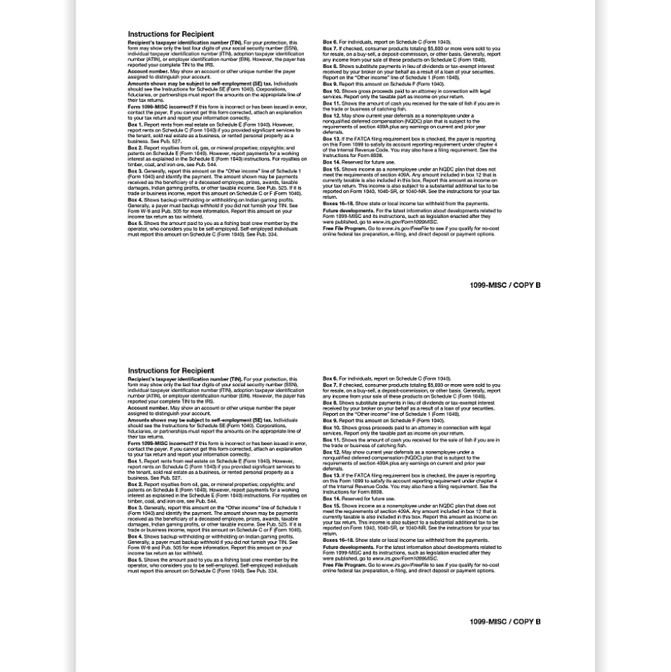 ComplyRight® 1099-MISC Tax Forms, Recipient Copy B, 2-Up, 8-1/2" x 11", Pack Of 50 Forms