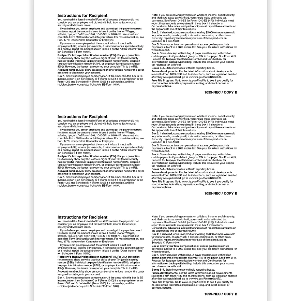 ComplyRight® 1099-NEC Blank Tax Form with Copy B Backer and Stub, 8-1/2" x 11", Pack of 1,500 Forms
