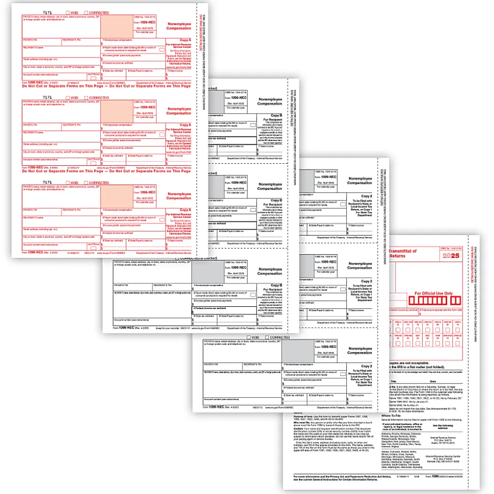 ComplyRight® 1099-NEC Tax Forms Set, 3-Part, 3-Up, Copies A/B/C, 8-1/2" x 11", Pack Of 50