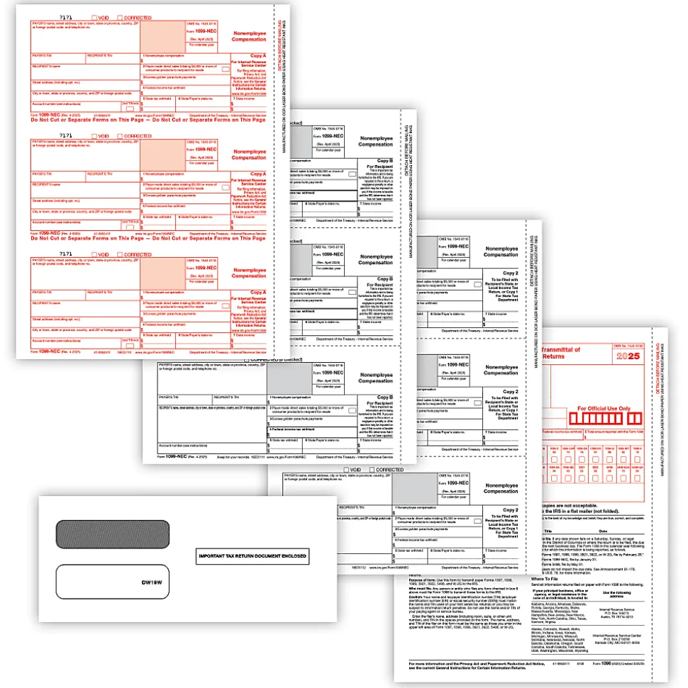 ComplyRight® 1099-NEC Tax Forms Set, 5-Part, 3-Up, Copies A/B/C, 8-1/2" x 11", with Envelopes, Pack Of 100