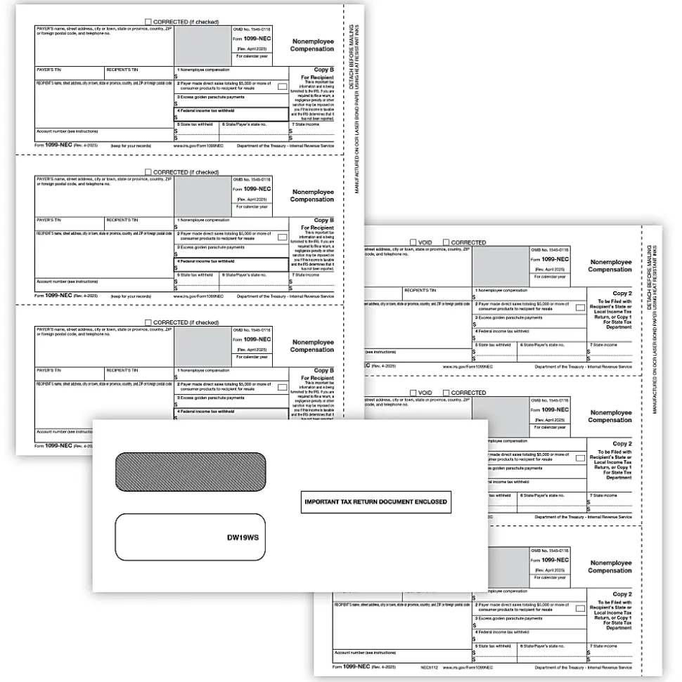 ComplyRight® 1099-NEC Tax Forms Set, 3-Part, 3-Up, Copies B/C/2 (Recipient Copy Only), with Envelopes, 8-1/2" x 11", Pack Of 50