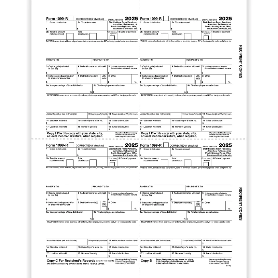 ComplyRight® 1099-R Tax Forms, 4-Up (Box-Format), Copies B, C, 2, 2, 8-1/2" x 11", Pack Of 500 Forms