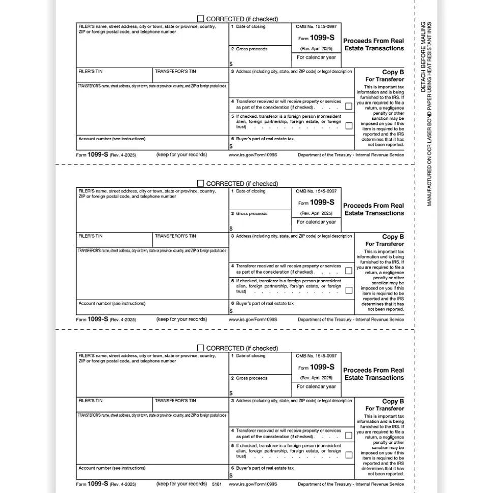 ComplyRight® 1099-S Tax Forms, Transfer or Copy B, 3-Up, 8-1/2" x 11", Pack Of 150 Forms