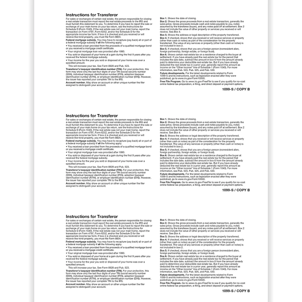 ComplyRight® 1099-S Tax Forms, Transfer or Copy B, 3-Up, 8-1/2" x 11", Pack Of 150 Forms