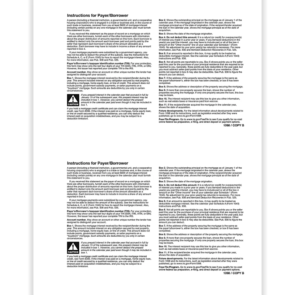 ComplyRight® 1098 Tax Forms, 2-Up, Payer/Borrower Copy B, Laser, 8-1/2" x 11", Pack Of 100 Forms