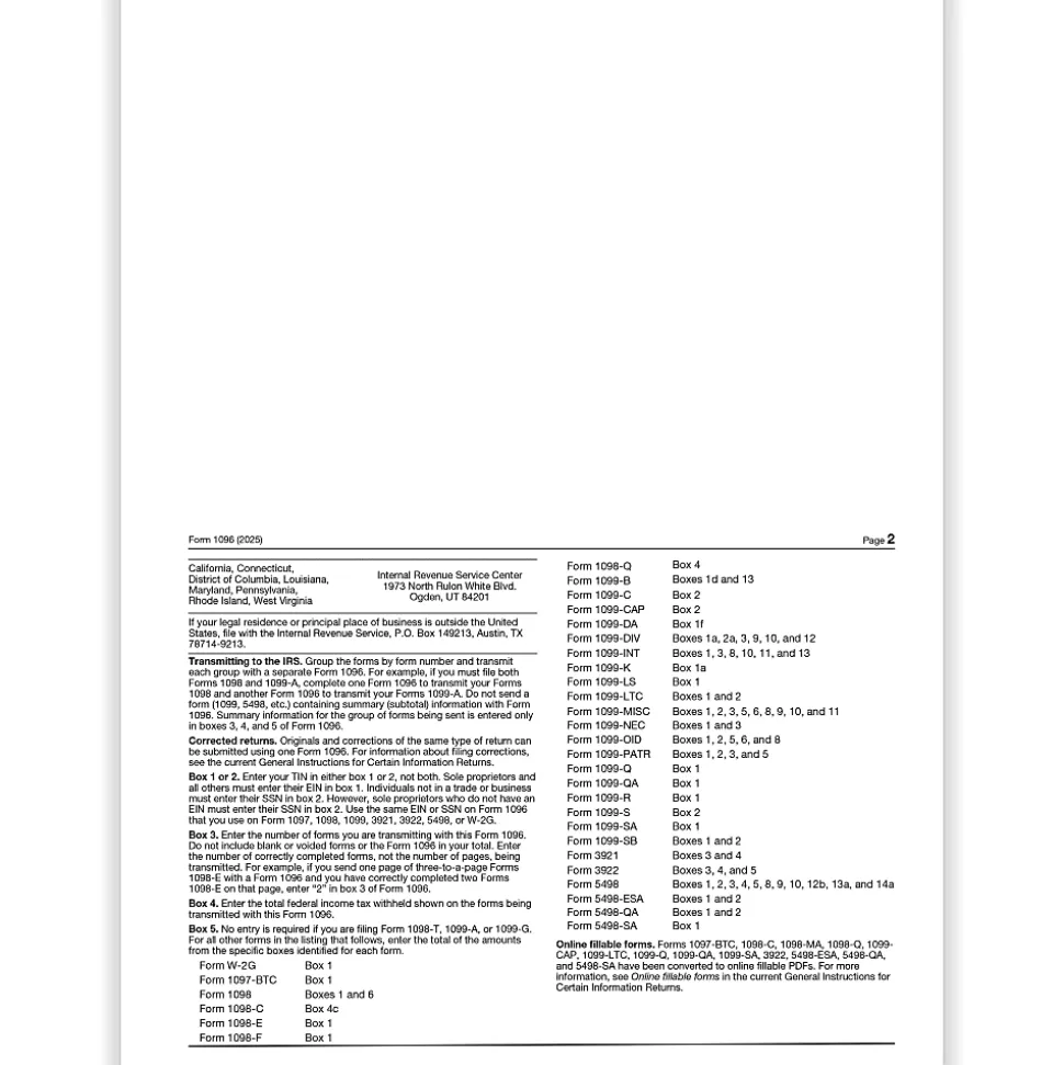 ComplyRight® 1096 Transmittal Tax Forms, 1-Part, 8-1/2" x 11", Pack Of 50 Forms