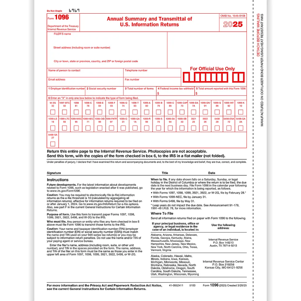 ComplyRight® 1096 Transmittal Tax Forms, 1-Part, 8-1/2" x 11", Pack Of 50 Forms