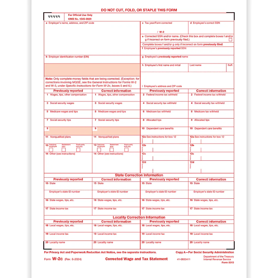 ComplyRight™ W-2C Tax Forms, Federal Copy A, 8-1/2" x 11", Pack Of 50 Forms