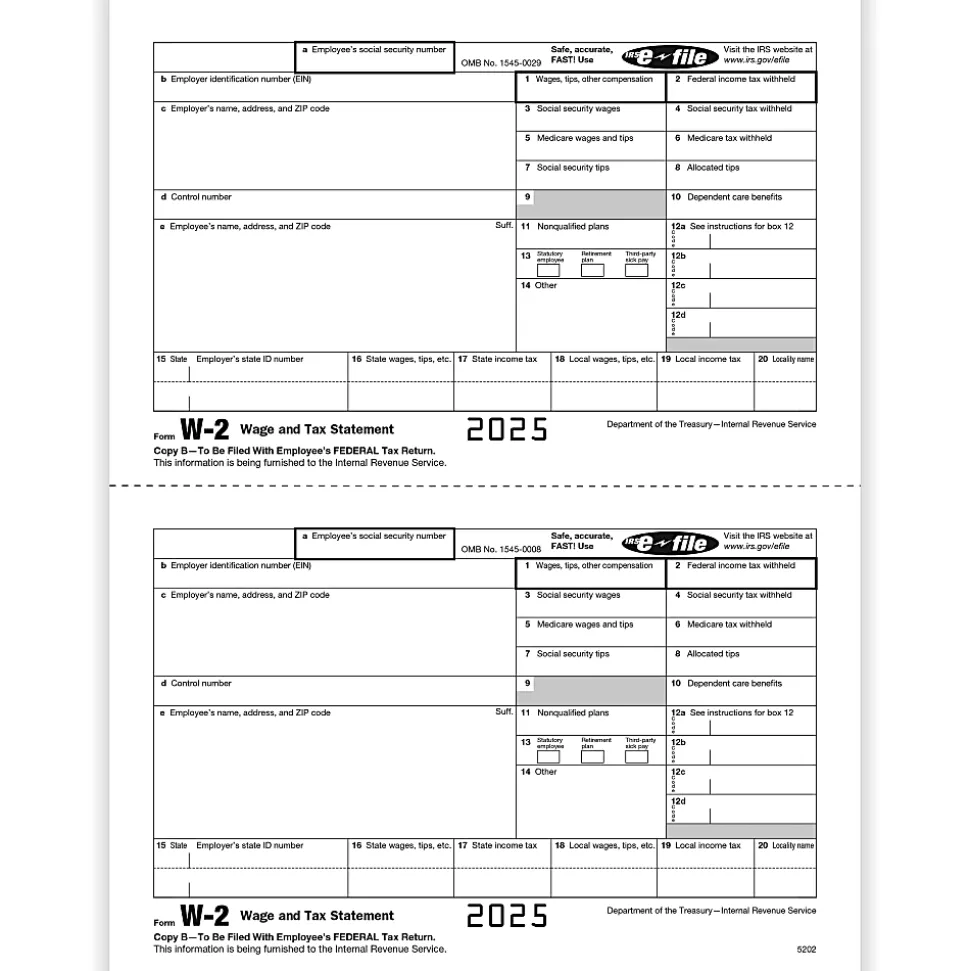 ComplyRight® W-2 Tax Forms, Employee’s IRS Federal Copy B, 2-Up, 8-1/2" x 11", Pack Of 100 Forms