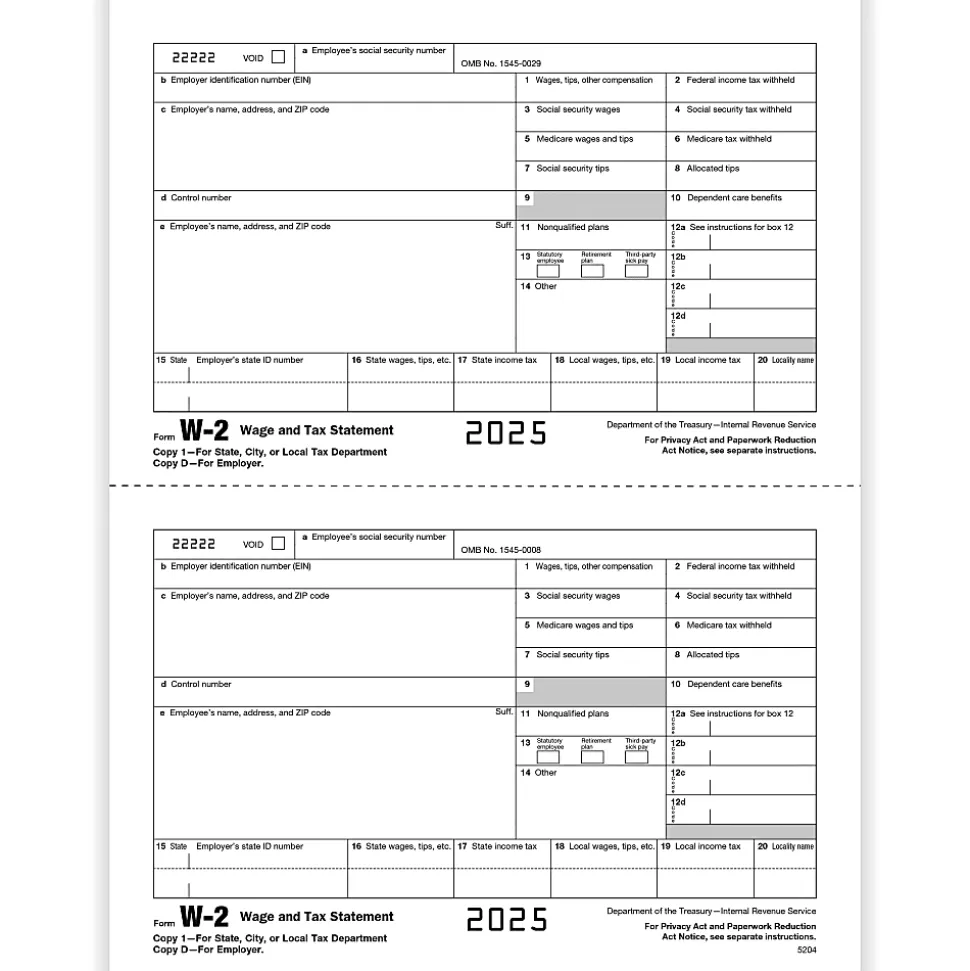 ComplyRight® W-2 Tax Forms, Employer’s Copy D and/or State, City Or Local Copy 2, 2-Up, 8-1/2" x 11", Pack Of 100 Forms