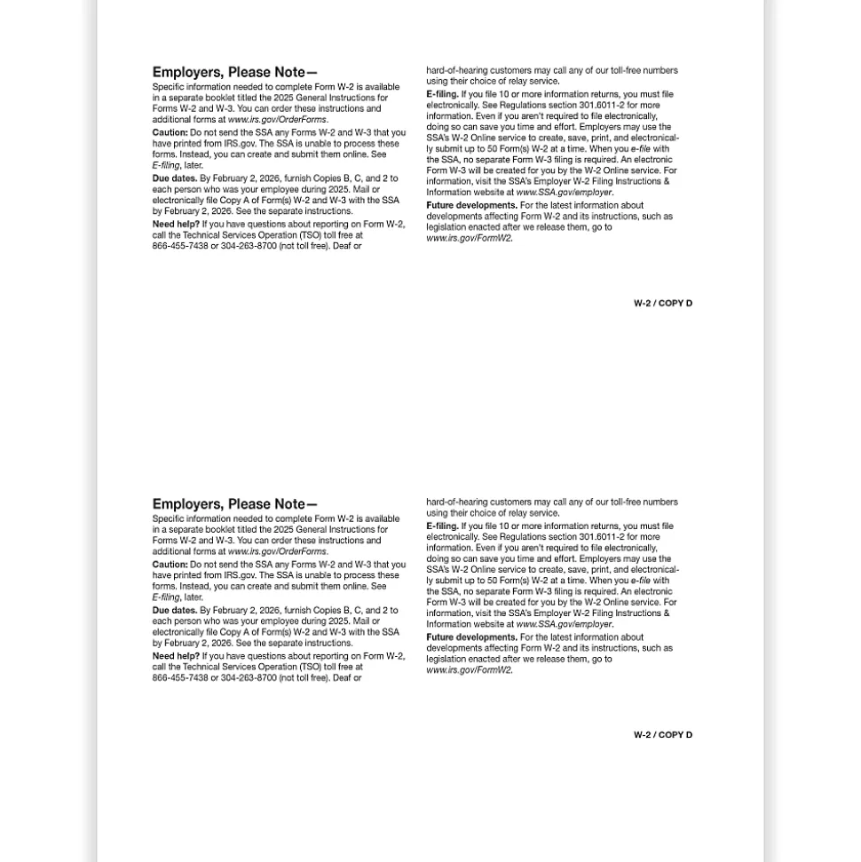 ComplyRight® W-2 Tax Forms, Employer’s Copy D and/or State, City Or Local Copy 2, 2-Up, 8-1/2" x 11", Pack Of 100 Forms