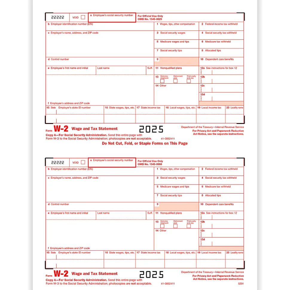 ComplyRight® W-2 Tax Forms, IRS Federal Copy A, 2-Up, 8-1/2" x 11", Pack Of 100 Forms