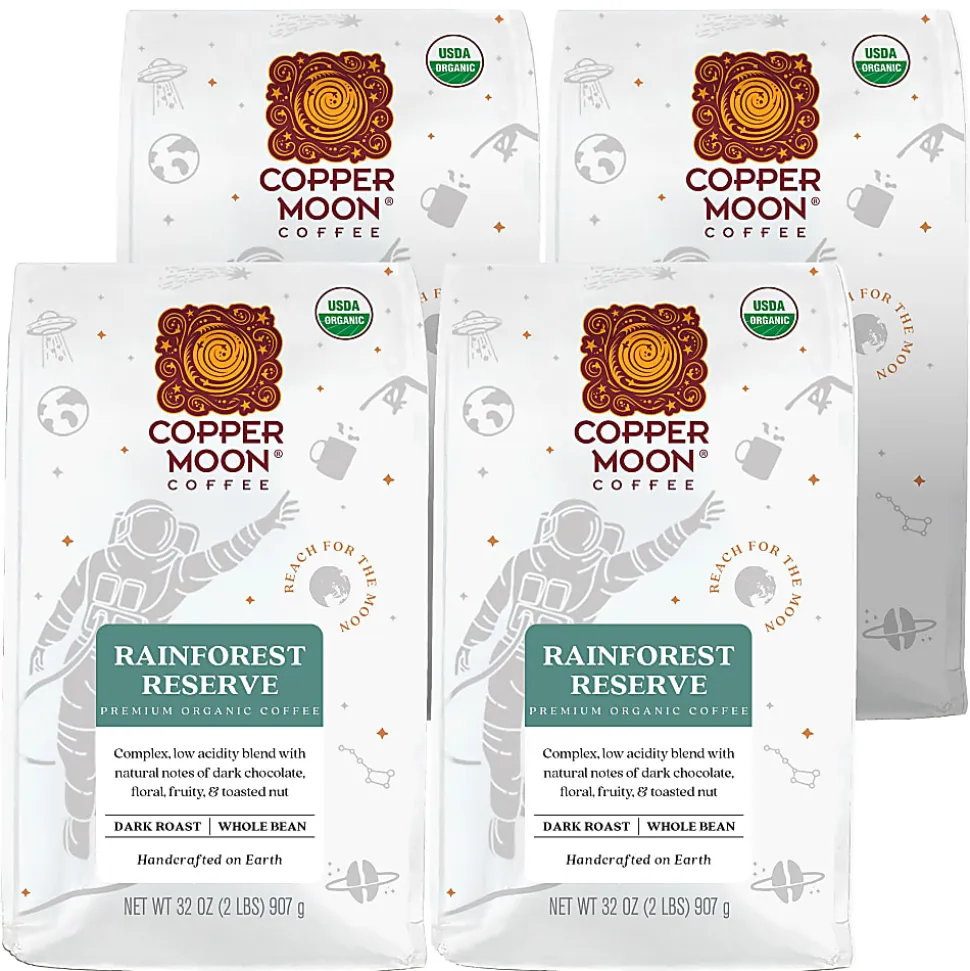 Copper Moon® World Coffees Whole Bean Coffee, Dark Roast, Rainforest Reserve Fair Trade, 4 Bags (2 lbs Each)