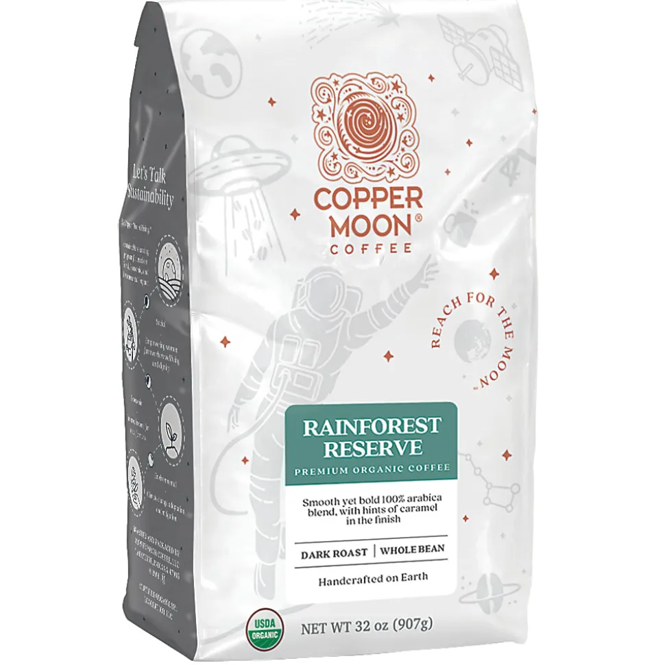 Copper Moon® World Coffees Whole Bean Coffee, Dark Roast, Rainforest Reserve Fair Trade, 4 Bags (2 lbs Each)