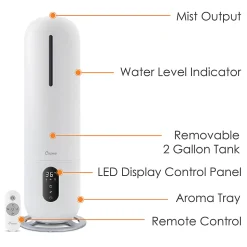 Crane Ultrasonic Cool Mist Tower Humidifier, 2 Gallon, 8-1/2