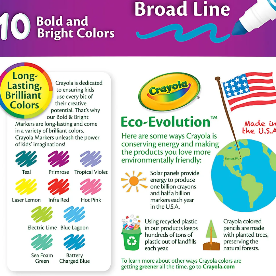 Crayola® Bold And Bright Broad Line Markers, Conical Point, White Barrel, Assorted Ink Colors, Box Of 10 Markers